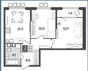 2-к квартира, вторичка, 49м2, 9/9 этаж