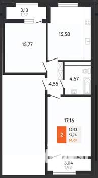 2-к квартира, сданный дом, 61м2, 15/24 этаж
