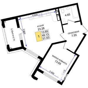 1-к квартира, вторичка, 52м2, 2/8 этаж