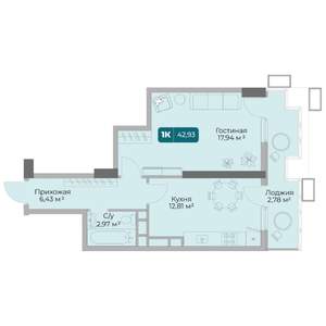 1-к квартира, вторичка, 43м2, 3/17 этаж