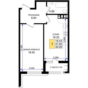1-к квартира, строящийся дом, 49м2, 4/8 этаж