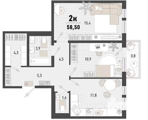 2-к квартира, строящийся дом, 58м2, 4/24 этаж