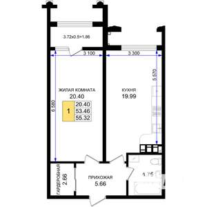 1-к квартира, строящийся дом, 55м2, 2/8 этаж
