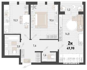 2-к квартира, строящийся дом, 49м2, 10/15 этаж