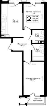 2-к квартира, вторичка, 62м2, 7/9 этаж