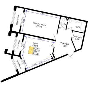 1-к квартира, строящийся дом, 74м2, 6/8 этаж