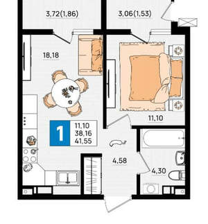 1-к квартира, вторичка, 42м2, 5/9 этаж