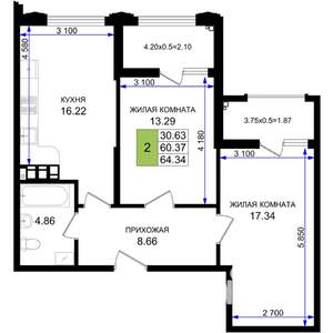 2-к квартира, строящийся дом, 64м2, 8/8 этаж