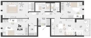 3-к квартира, строящийся дом, 85м2, 7/15 этаж
