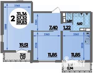 2-к квартира, строящийся дом, 60м2, 2/16 этаж