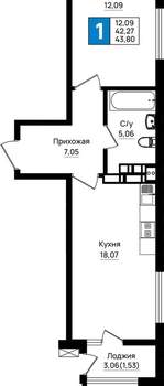 1-к квартира, вторичка, 44м2, 15/18 этаж