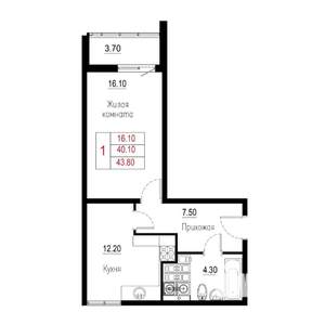 1-к квартира, вторичка, 42м2, 6/21 этаж