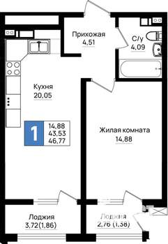 1-к квартира, вторичка, 47м2, 8/9 этаж