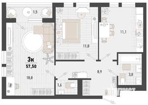2-к квартира, вторичка, 58м2, 3/15 этаж