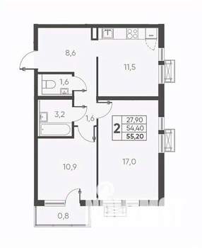 2-к квартира, вторичка, 55м2, 2/24 этаж