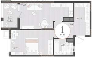 1-к квартира, вторичка, 52м2, 6/18 этаж