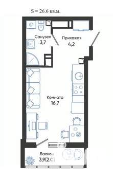 Студия квартира, вторичка, 27м2, 13/24 этаж