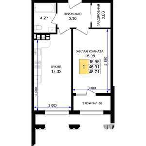 1-к квартира, строящийся дом, 49м2, 6/8 этаж