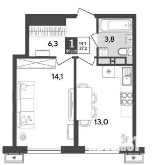 1-к квартира, вторичка, 37м2, 6/12 этаж