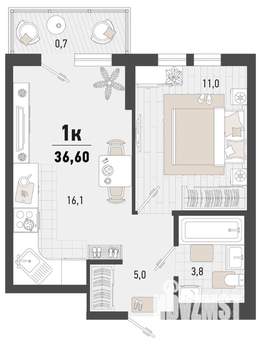 1-к квартира, строящийся дом, 37м2, 9/15 этаж