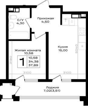 1-к квартира, вторичка, 38м2, 9/9 этаж