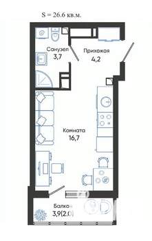 Студия квартира, вторичка, 27м2, 23/24 этаж