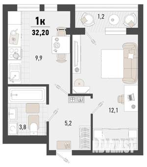 1-к квартира, строящийся дом, 32м2, 14/15 этаж