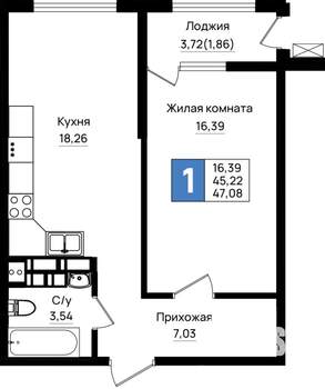 1-к квартира, вторичка, 47м2, 16/18 этаж
