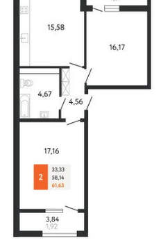 2-к квартира, сданный дом, 61м2, 5/24 этаж