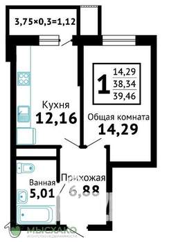 1-к квартира, вторичка, 39м2, 13/16 этаж