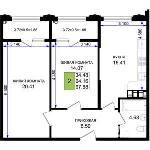 2-к квартира, строящийся дом, 68м2, 4/8 этаж