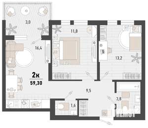 2-к квартира, строящийся дом, 59м2, 5/15 этаж