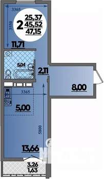 2-к квартира, строящийся дом, 47м2, 12/16 этаж