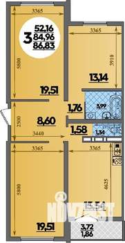 3-к квартира, строящийся дом, 87м2, 1/16 этаж