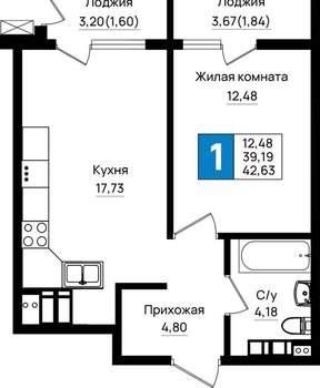 1-к квартира, вторичка, 43м2, 17/18 этаж