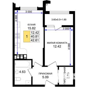 1-к квартира, строящийся дом, 43м2, 2/8 этаж