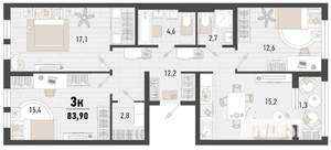 3-к квартира, строящийся дом, 84м2, 6/15 этаж