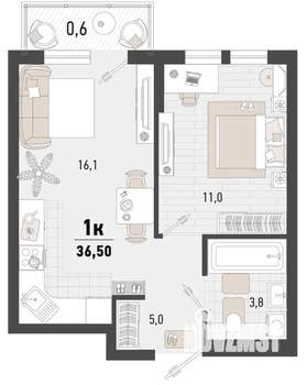 1-к квартира, строящийся дом, 37м2, 10/15 этаж