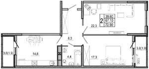 2-к квартира, сданный дом, 71м2, 13/21 этаж