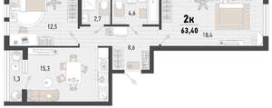 2-к квартира, вторичка, 62м2, 13/15 этаж