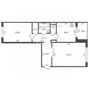 2-к квартира, вторичка, 53м2, 1/5 этаж