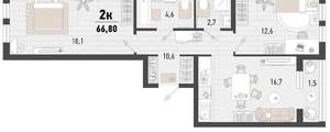2-к квартира, вторичка, 67м2, 6/15 этаж