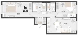 2-к квартира, строящийся дом, 69м2, 1/15 этаж