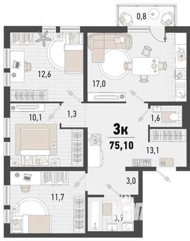 3-к квартира, строящийся дом, 74м2, 18/24 этаж