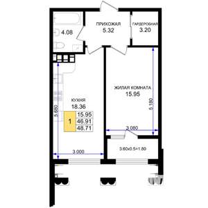 1-к квартира, строящийся дом, 49м2, 7/8 этаж