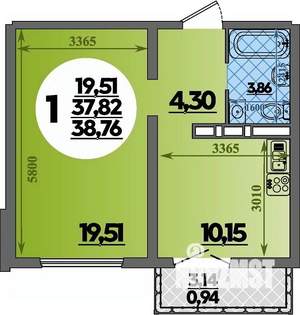 1-к квартира, строящийся дом, 39м2, 9/16 этаж