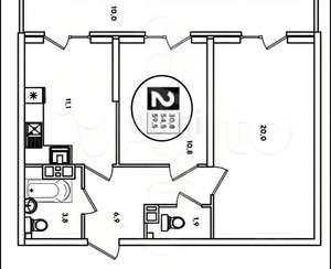 2-к квартира, вторичка, 55м2, 13/20 этаж