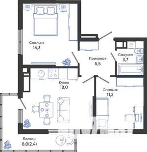 2-к квартира, строящийся дом, 56м2, 6/24 этаж