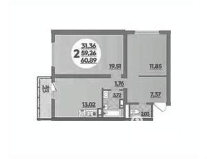 2-к квартира, вторичка, 61м2, 7/16 этаж