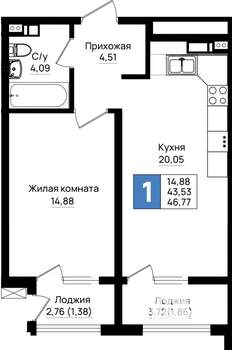 1-к квартира, вторичка, 47м2, 7/9 этаж